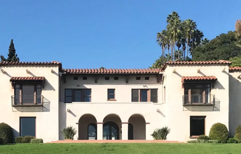 An exterior view of the Wattles Mansion - a Mission Revival-style
mansion set within a Los Angeles hillside
